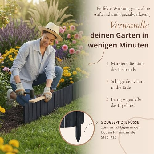 Floranica Beetumrandung Beeteinfassung 10 x 200 cm Anthrazit Rasenkante Holz Gartenzaun Holzzaun Flexibler Rollborder