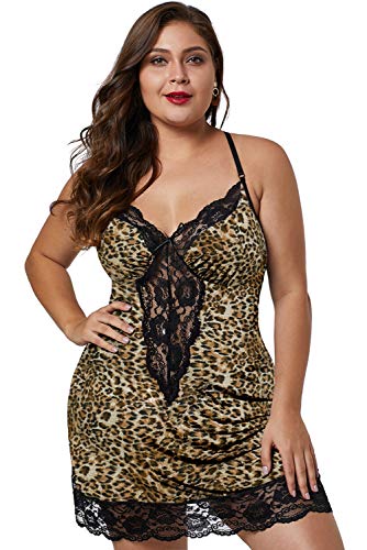 lime flare Women Sexy Plus Size Lace Trim Babydoll Chemise Criss Cross Back Lingerie Dress Sleepwear (2X-Large(US 18-20),Leopard with Satin Bow Detail)