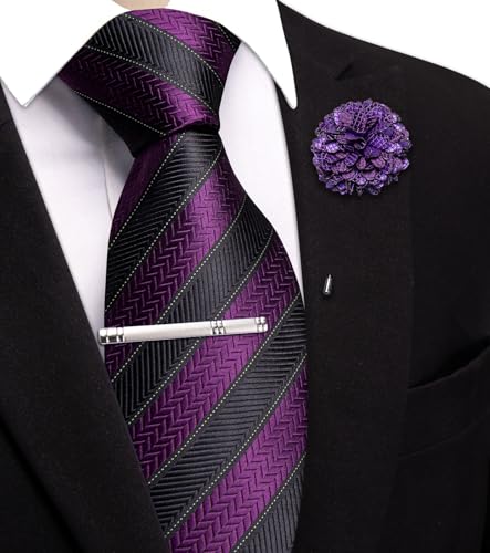 Image of Hi-Tie 63 inches Striped Paisley Extra Long Ties for Men Silk Necktie with Lapel Pin Tie Clip Big and Tall Men Formal Wedding