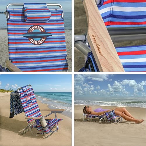 Tommy Bahama 2-Pack 5-Position Classic Lay Flat Backpack Beach Chair with Cooler and Cup Holder, Portable Folding Beach Chair for Tanning, Red/White/Blue - Image 5