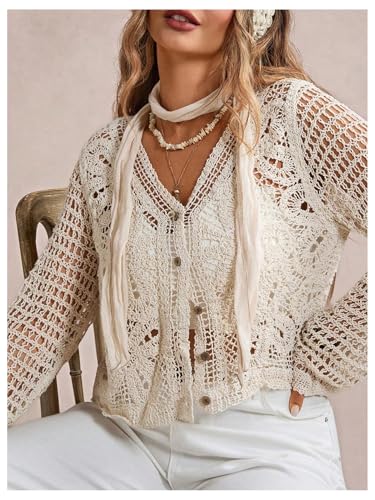 MakeMeChic Women's Plus Size Crochet Sweater Cardigan Button Down Long Sleeve Lightweight Outerwear4
