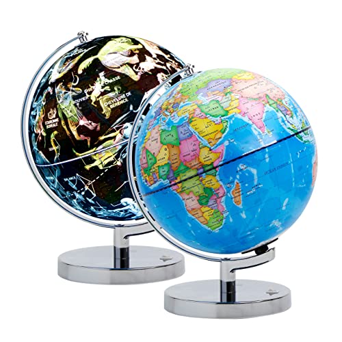 Exerz 23cm Globe Lumineux - Carte en Français- Globe Terrestre Support en Métal - Carte Politique (Jour) - Etoiles et Constellations (Nuit) - Lampe LED sans...
