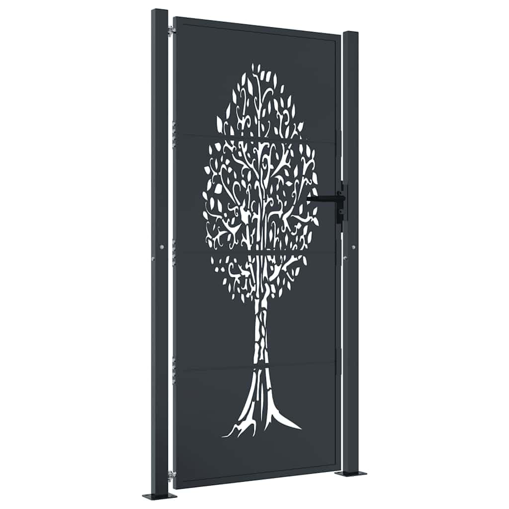 Puerta de jardín antracita 100x175 cm de acero con diseño de árbol