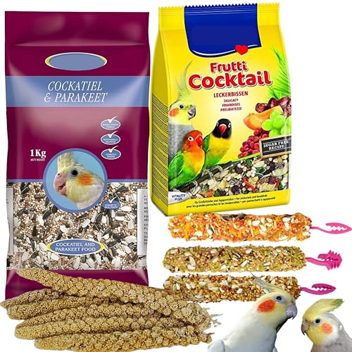 Cockatiel Food Bundle - Mix 1kg, Frutti Cocktail 250g, Treats Sticks x3, Millet Spray x6