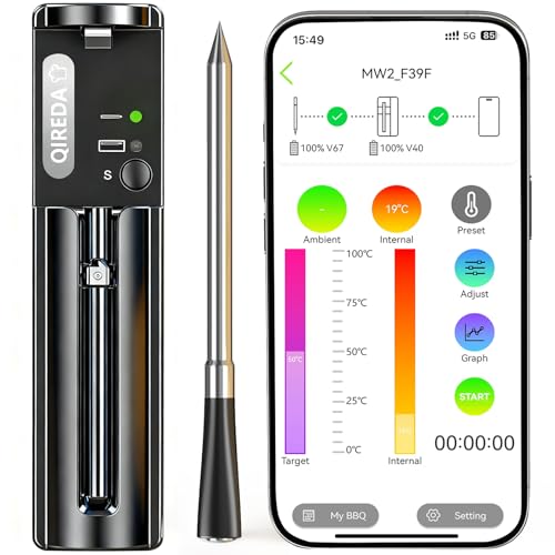 Wireless Meat Thermometer Digital with 800ft Remote Range, Bluetooth 5.3 Wireless Thermometer for Cooking with Dual-Sensor Temperature Probe and App Alert for Oven BBQ Grilling Smoking