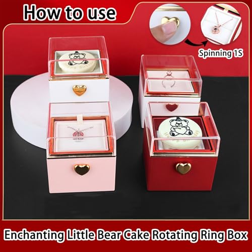 Image of Little Bear Cake Rotating JewelryBox for Proposal - Rotating Ring Box Engagement Ring Box, Surprise Box Ring Bearer Box, necklace box for Birthday,Necklace Holder with Fabric Interior (red)