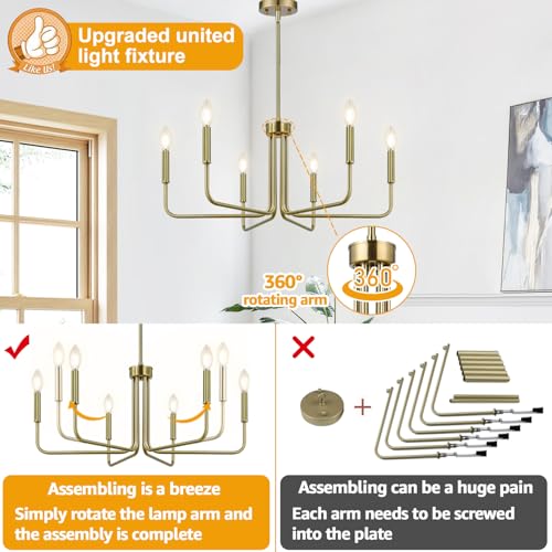 Lynnoland Brass Chandelier, 6-Light Farmhouse Chandeliers for Dining Room Lighting Fixtures Hanging, Vintage Candle Pendant Light Light Fixture for Bedroom, Kitchen, Foyer and Living Room