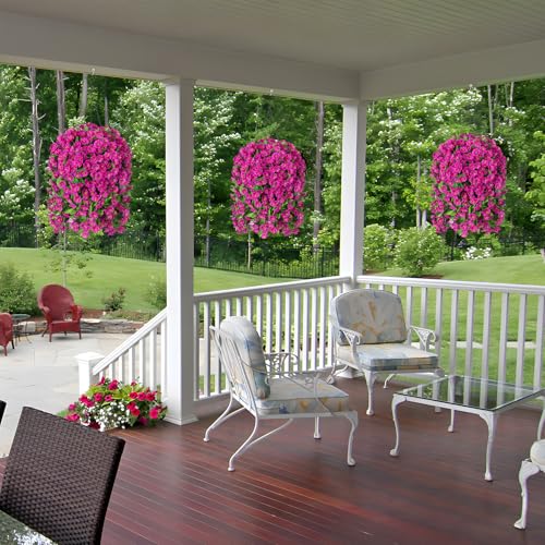 Image of Ammyoo Artificial Faux Hanging Flowers Basket for Spring Outdoor Decor | Fake Silk Colorful Morning Glory Eucalyptus in Planter UV Resistant for Summer Home Porch Balcony Yard(Red Purple)
