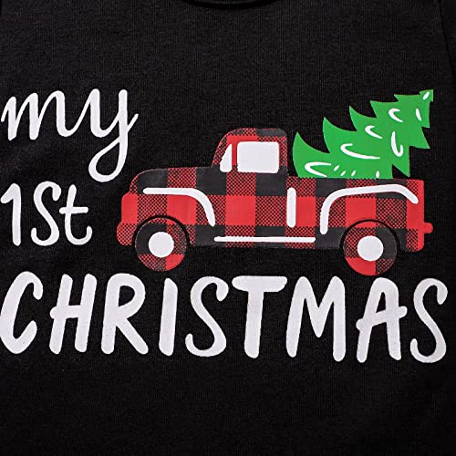 My First Christmas Baby Boy Outfit Newborn Clothes Infant Black Xmas Tree Car Red Plaid Pants Hat 3Pcs 0-18 Months3