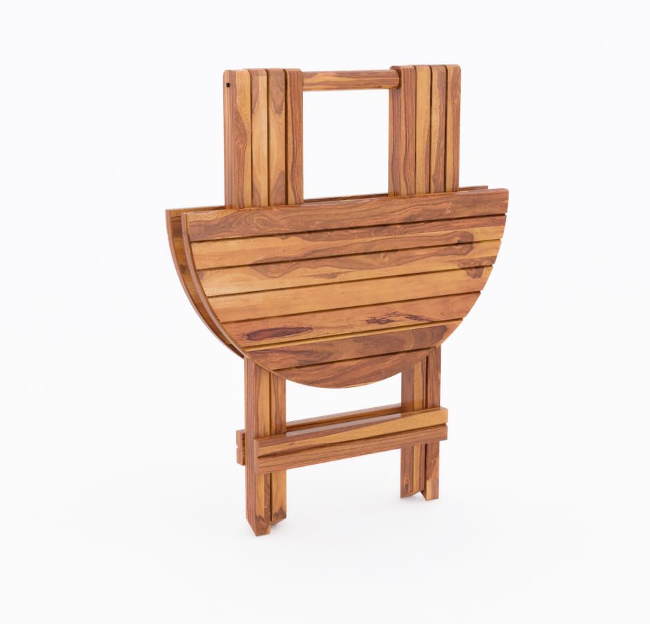 Image of Wooden Foldable Coffee Table | Round Folding Tea Table for Living Room, Patio & Outdoor | Portable End Table for Picnic, Balcony & Garden (Natural Finish)