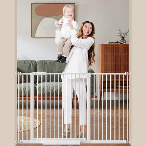 Image of DEARBB Extra Wide Baby Gate Ultra Narrow Spacing 30.11-77.36 inch Pressure Mounted Double Lock Swing Auto Close Walk Through Metal Safety Pet Gate for Stairs and House Doorway Kitchen