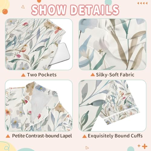 senya Cute Watercolor Wildflowers Satin Summer Pajama Sets Silk Short Sleeve Button Down Sleepwear3