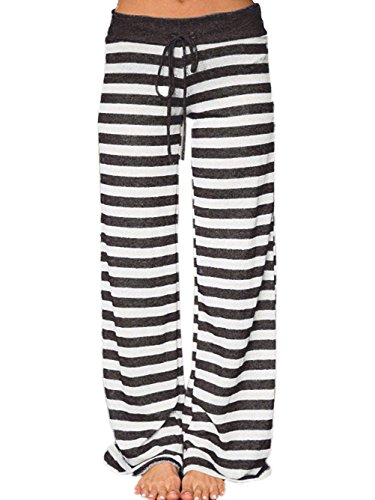 Voopptaw Women's Comfy Stretch Striped Drawstring Palazzo Wide Leg Lounge Pant Black Stripe Small