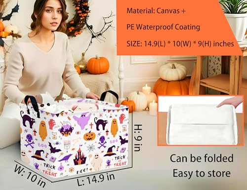 Image of Large Halloween Themed Candy Gift Boo Basket for Kids Baby Personalized Adults Storage Bin Fall Decor(Purple Skull Castle Cat Spooky)