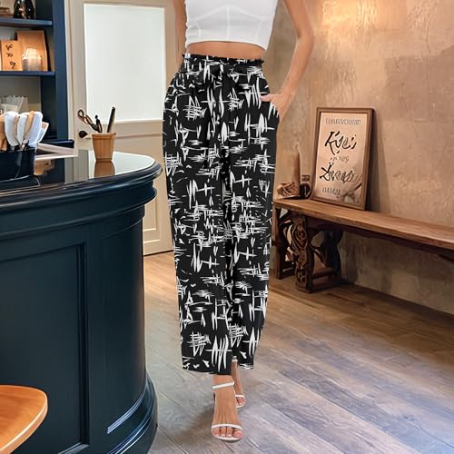 Women Wide Leg Pants with Pockets Lightweight High Waist Adjustable Casual Pants Business Work Trousers Floral