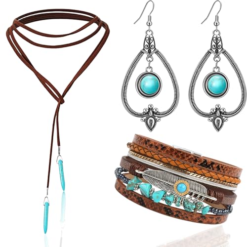 AHEJIOO Boho Schmuck Set Damen, Vintage Schmuckset, 3-teiliges Set mit Kette, Armband und Ohrringen, Boho Kleidung damen, Country Kleidung Damen Set für Party, Hochzeit und...