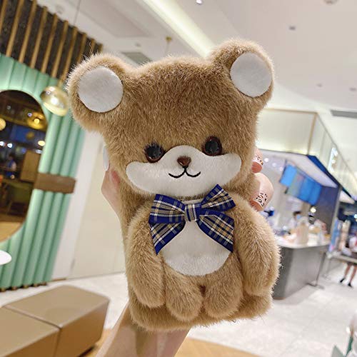 Palizufio Plush Case for Moto G Play 2024 4G with Screen Protector,Fluffy Furry Silicone Case with Stand,Cute 3D Fuzzy Bear Shaped Bow-Knot Doll for Kids Girl Soft Hairy Warm Case,Brown