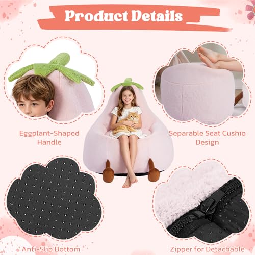 Image of 2.5FT Memory Foam Bean Bag Chair - Ultra Soft Faux Rabbit Fur Round Sofa with Handle & Machine Washable Cover, Comfy Lazy Chair for Kids Teens, Perfect for Reading Gaming in Living Room Bedroom,Pink