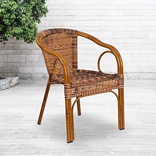Flash Furniture 3 Pack Cadiz Series Burning Brown Rattan Restaurant Patio Chair with Dark Red Bamboo-Aluminum Frame