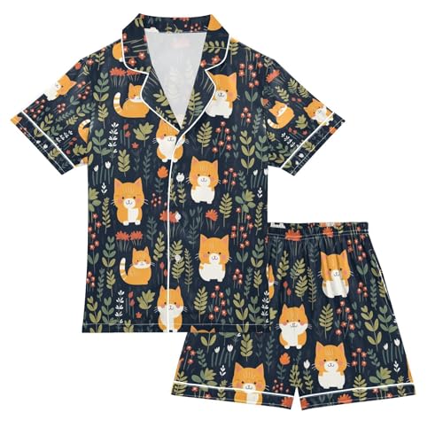 senya Cute Cats with Leaves Satin Summer Pajama Sets Silk Short Sleeve Button Down Sleepwear