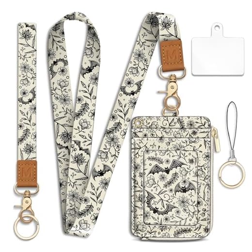 Mavellin Lanyard Wallet with Id Badge Holder, Gothic Bat RFID Small Keychain Wallet Women Wristlet, Cute Zipper Credit Card Holder Phone Wrist Neck Strap for Key Name Tag, Teacher Student Office Gifts