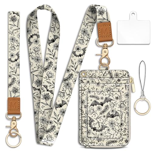 Lanyard Wallet with Id Badge Holder, Gothic Bat RFID Small Keychain Wallet Women Wristlet, Cute Zipper Credit Card Holder Phone Wrist Neck Strap for Key Name Tag, Teacher Student Office Gifts