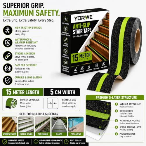 Image of YORWE Anti Slip Stair Tape with Glow in the Dark Strip - Heavy Duty Waterproof Non Slip Traction Tape for Stairs, Steps, Outdoor & Indoor Safety (Black and Green, 15 Meter)