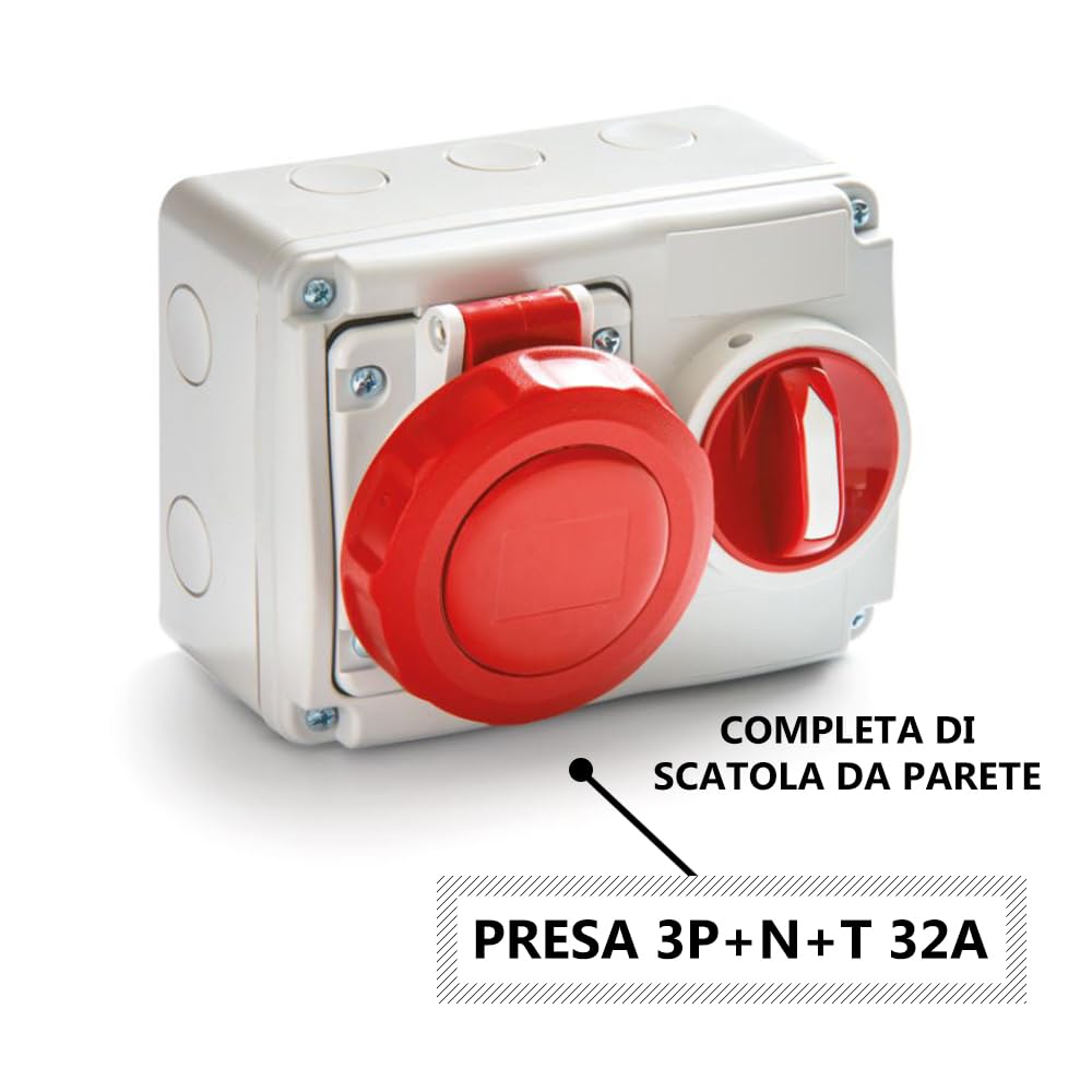 PRESA INDUSTRIALE INTERBLOCCATA 32A 3P+N+T TRIFASE IP67 5 POLI DA PARETE O INCASSO ORIZZONTALE 380V CON SEZIONATORE PROFESSIONALE CON SCATOLA DA PARETE OMAGGIO MARCA ROSI