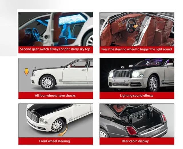 Image of Bentley MULSANNE 1:24 Diecast Scale Model Metal Pull Back Toy car for Kids with Openable Doors & Light, Music Toy Vehicle for Kids (Gold+Black)