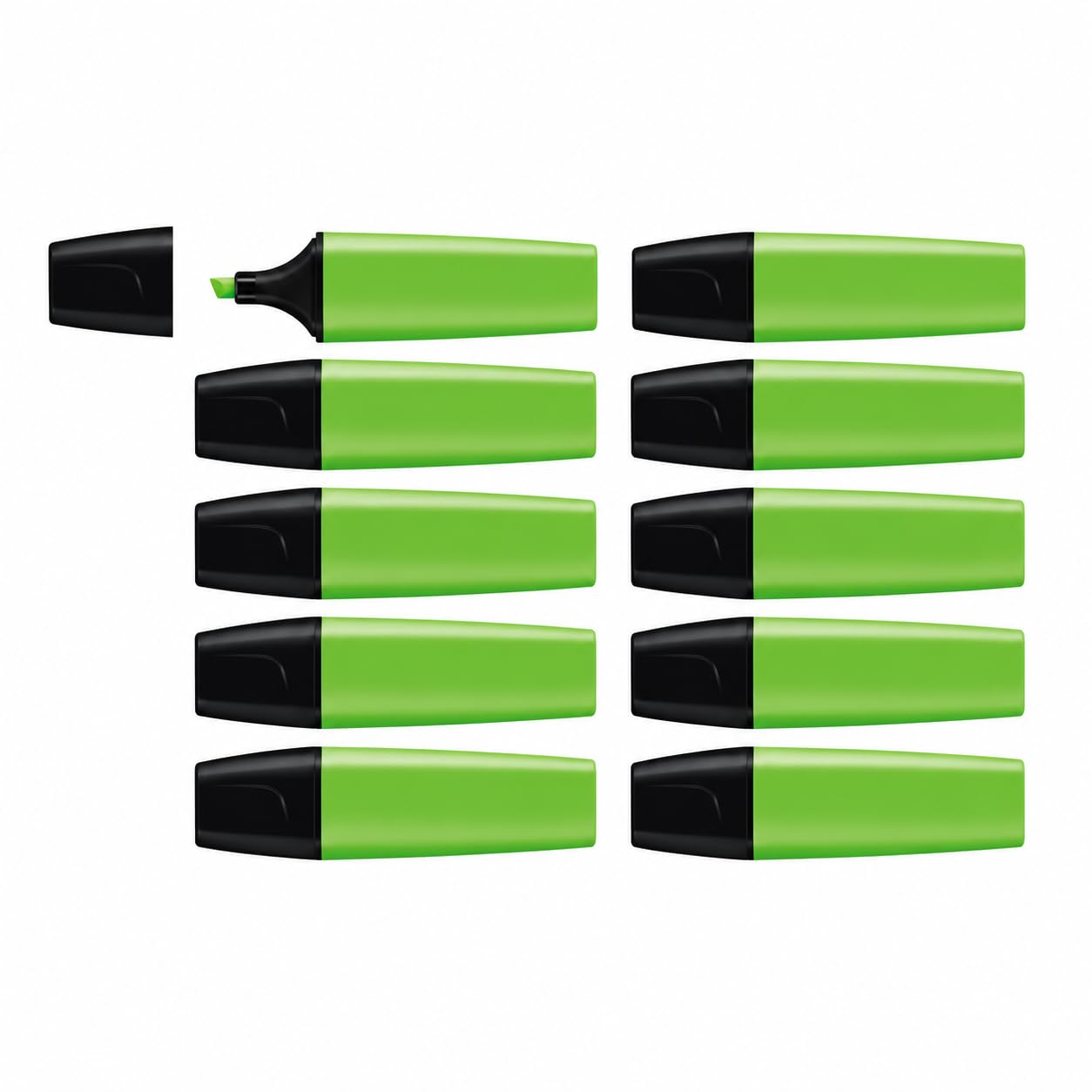 Highlighter Pens Pack of 10, Green Colour, Wedge Tip Marker Pens, 2.0–5.0mm Line Width, Refillable, Water-Based Ink, Broad Line for Highlighting and Underlining, 375m Writing Length