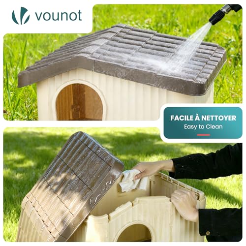 VOUNOT® Katzenhaus & Hundehütte Indoor Outdoor, Winterfest und Wetterfest, schräges Dach, mit Belüftung und rutschfesten Füßen, Haustierhaus für Katze, Hund und Kaninchen, 60 x 51 x 41 cm, Beige