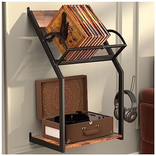 HOYRR Vintage Ironwood Turntable Stand with Storage - Wall Mounted Record Player Table for Vinyl...