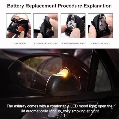 Image of Wevdn Car Ashtray with Lid, Portable Smokeless Automotive Ashtray with LED Light, Windproof, Modern Style, Black & Golden