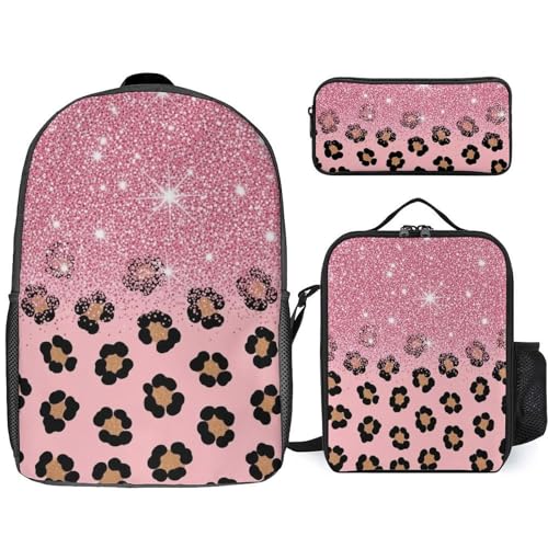 3 Pieces Mens Backpack with Reusable Insulated Lunch Bag Pencil Case Pink Glitter Sparkles Cheetah Leopard Print 17 Inch Travel College Daypack Stationery Pouch