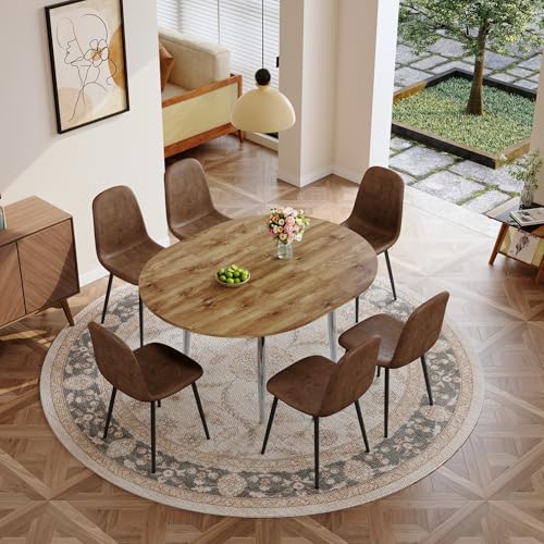 Image of Extendable Dining Table Set for 6, 42-54 inch Round to Oval Dining Table with 6 Upholstered Chairs, Engineered Wood, Space-Saving Round Kitchen & Dining Room Table Set(1 Table + 6 Brown Chairs)