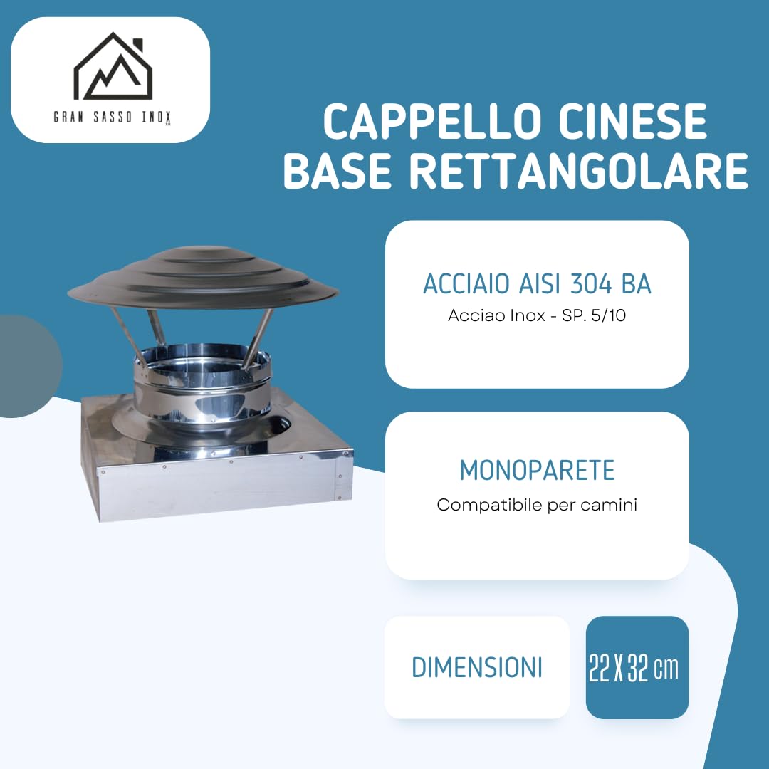 Comignolo Cinese a Base Rettangolare in Acciaio Inox AISI 304 BA SP. 5/10 per Camini (22x32 cm)