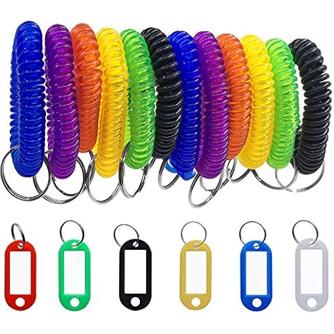 Senhai - 12 llaveros de pulsera y 6 etiquetas llaveros con pulsera elástica de plástico en forma de muelle en espiral Cover