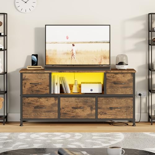 Lulive TV Stand for Bedroom, LED Rustic Brown Dresser for Living Room with 5 Fabric Drawers, 43 50in TV Stand with Power Outlet, Entertainment Center with Open Shelf