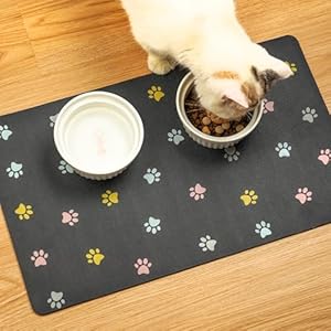 Absorbent Pet Feeding Mat for Food and Water No Stains Quick Dry Mat for Dog Cat Bowl, Dark Paw12x19 Inches