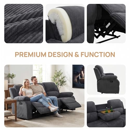 Image of Corduroy Power Recliner Sofa Set, Corduroy Recliner Couch Sets with Multi Angle Reclining, 3 Piece Sectional Sofa with USB Charging Port for Home Theater, Living Room, Office, Dark Gray
