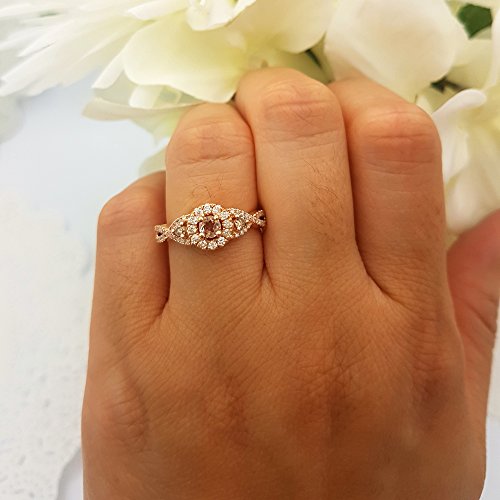 Dazzlingrock Collection Round Morganite,Champagne & White Diamond Womens 3 Stone Swirl Halo Bridal Engagement Ring, 10K Solid Rose Gold2