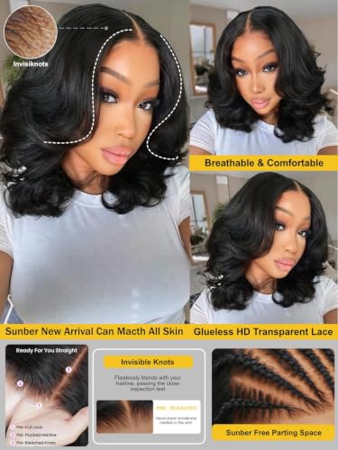 Image of Sunber Bye Bye Knots Yaki Straight Bob Human Hair Wigs Pre Cut 7x5 HD Lace Front Glueless Wig with Elastic Drawstring Put and Go Pre Plucked Bleached Invisible Knots Pre Everything Yaki Bob 12Inch
