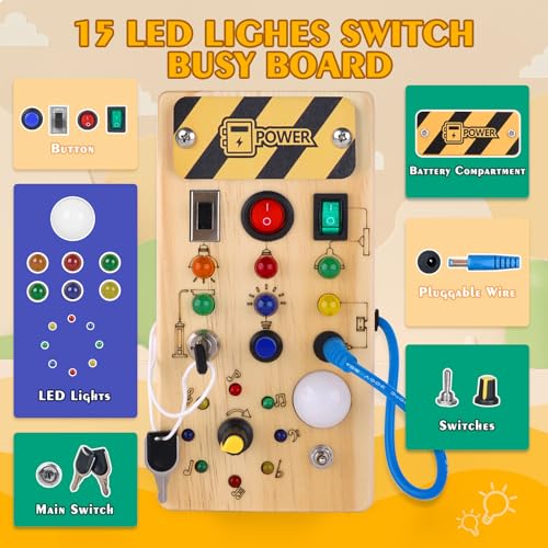 Hoarosall Montessori Wooden Busy Board with 8 LED Light switches, Sensory Toys Light Switch Travel Toys for 1+ Year Old Baby and Toddler - Image 4