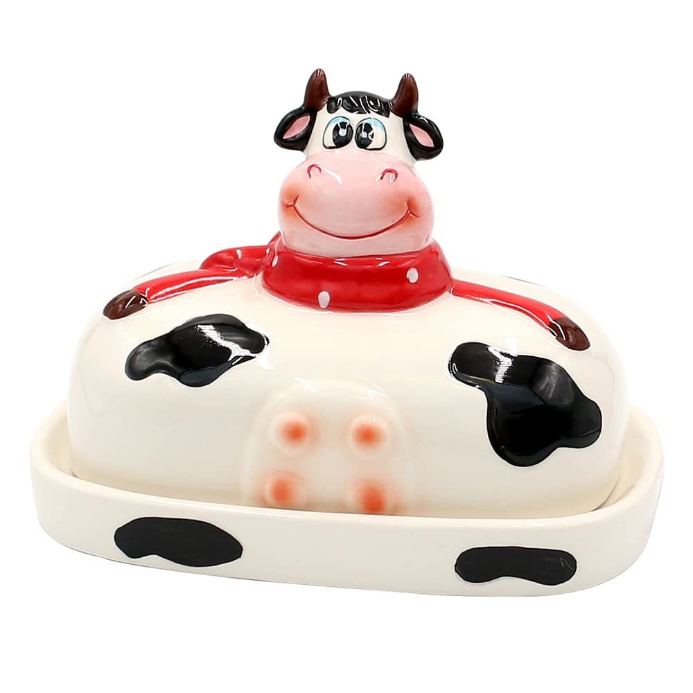 Dekohelden24 Ceramic Butter Dish/Butter Dish Cow Size L/W/H: Approx. 17 x 11.5 x 14 cm Black/White 14 cm