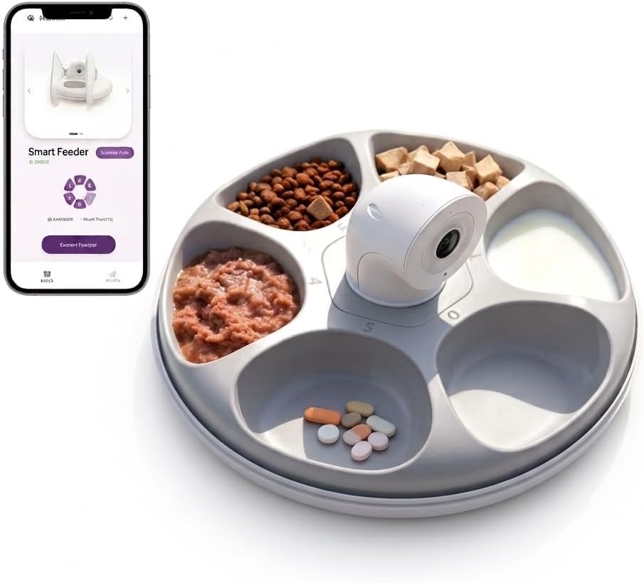 Automatic Cat Feeder with AI Facial Recognition for 10 Cats, Smart Cat Food Dispenser WiFi App Remote Control, Night Vision, Stainless Steel Bowl Timed Portion Feeder Supports Wet Dry Food
