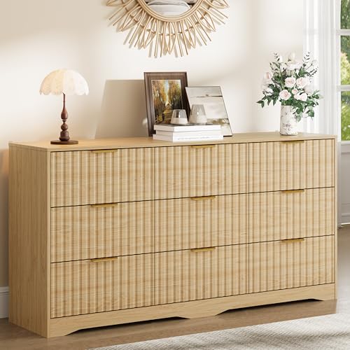 Image of Fluted 9 Drawer Dresser for Bedroom, 63 inch Wide Modern Wooden Chest of Drawers with Metal Handles, TV Stand & Closet Storage Organizer for Living Room,Hallway, Natural Wood
