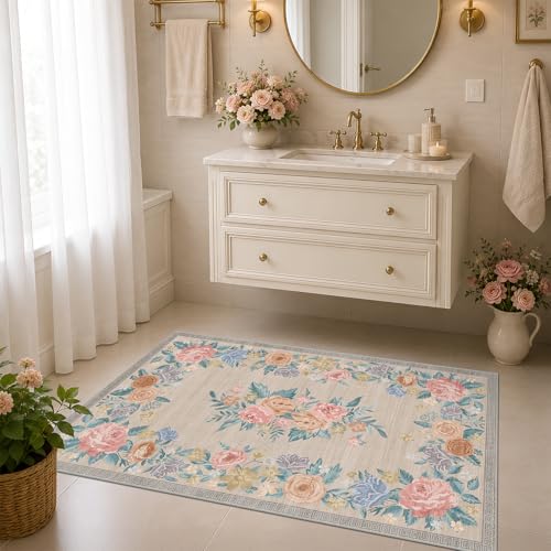 Tapete decorativo floral beige lavable 3x5 pies miniatura 3