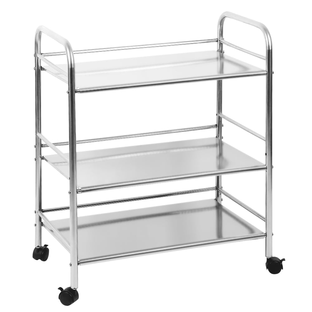 Carrello da cucina con ruote, 3 vassoi, carrello di servizio in acciaio inox, carrello da ristorante con ruote, portaoggetti mobile vassoio (60 x 36 x 74 cm), HJ469549