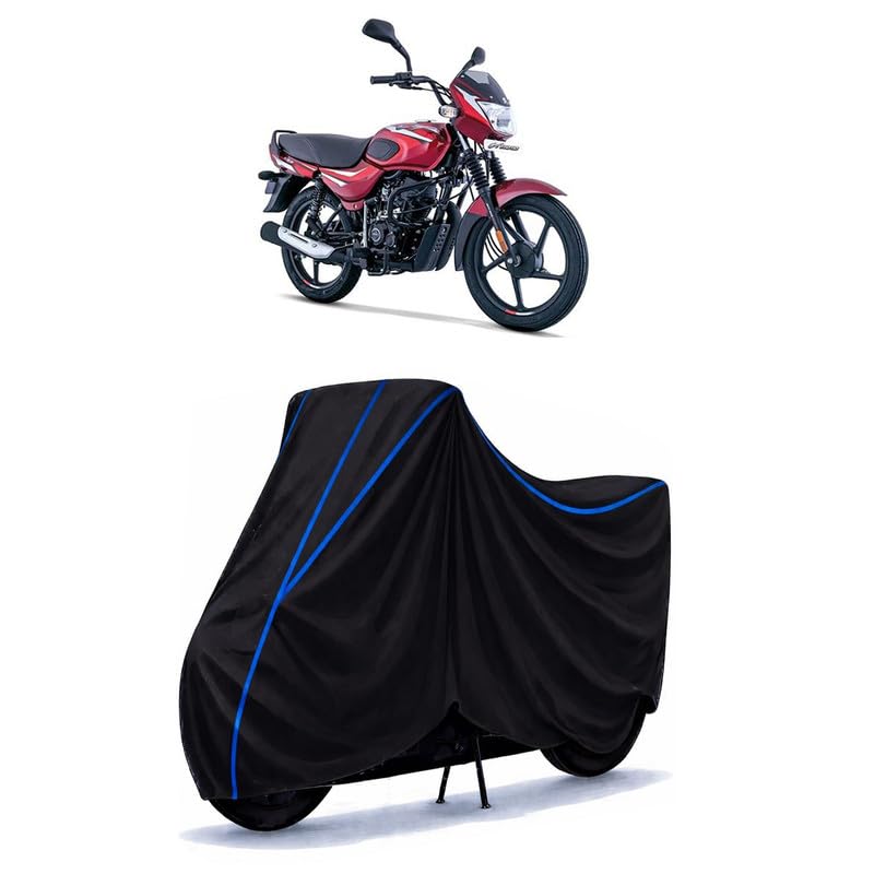 Image of Bajaj Discover 100 Bike Cover Water Resistant Universal Motorcycle Rain | Heavy Duty UV Protection, Dust, Scratch Indoor Outdoor All Weather with Black Blue Piping Elastic