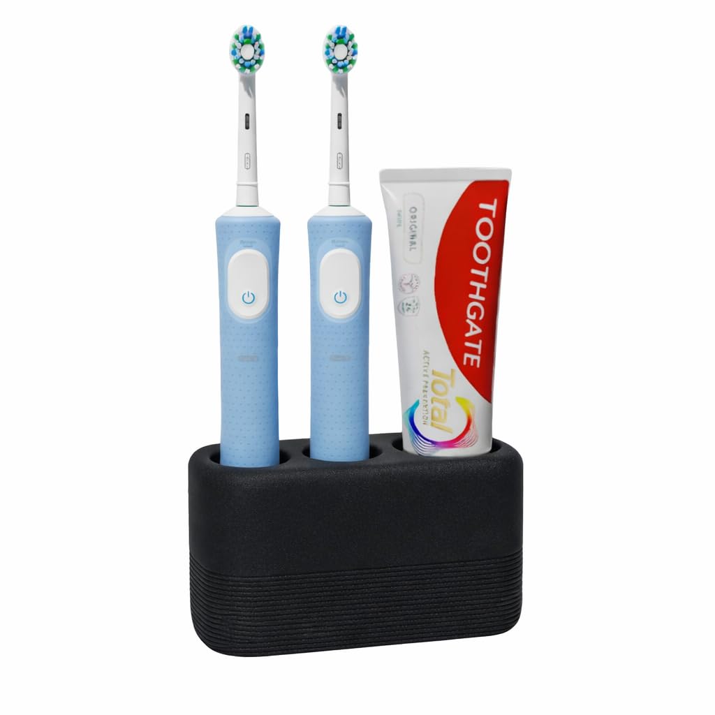Blissilk Electric Toothbrush Holder Freestanding, Durable Resin Organizer with 3 Slots and Drainage for Bathroom Countertop, Vanity, and Sink - Black